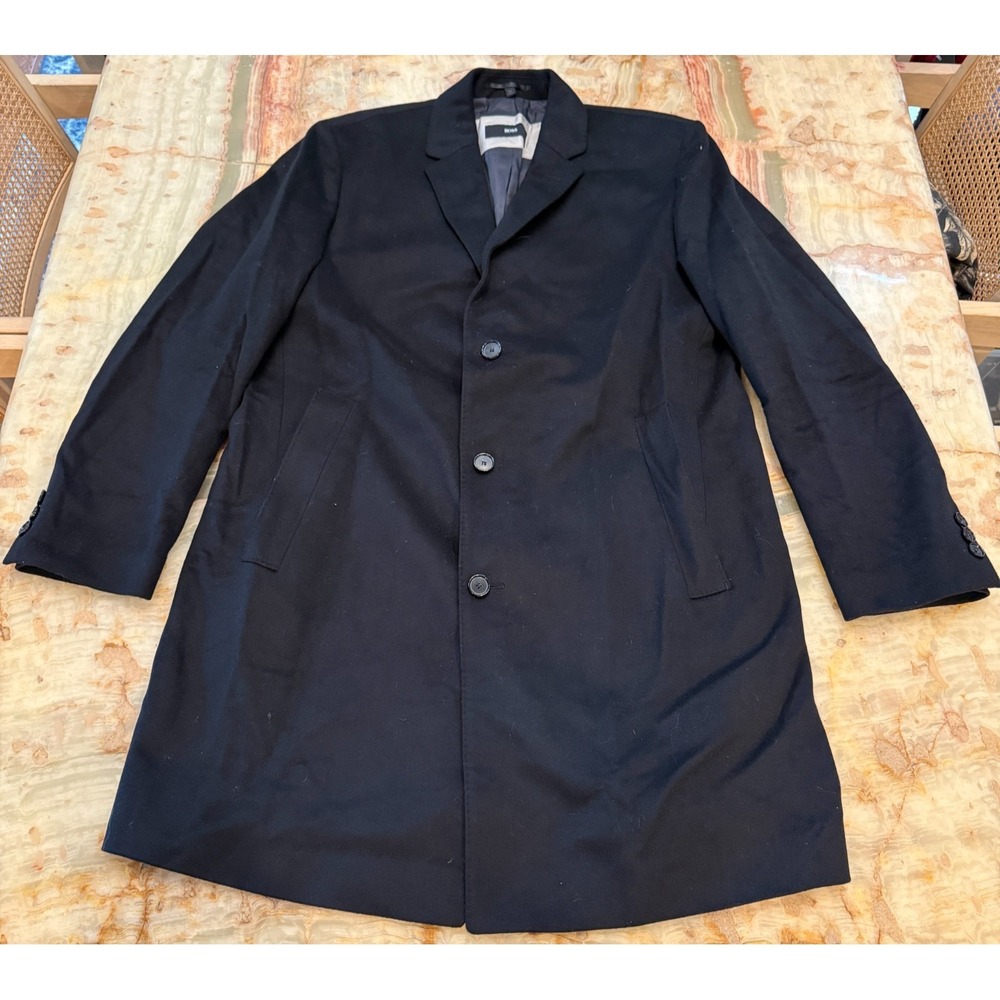 Hugo Boss Mens Trench Coat Black Button Front Pockets Collared‎ Long Sleeve L